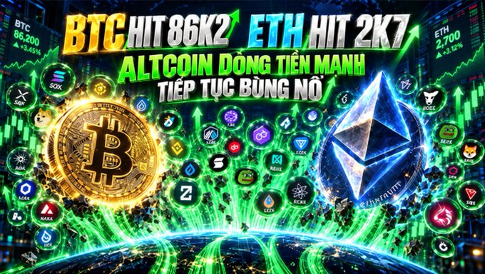 A promotional graphic showing BTC hitting 86K2 and ETH hitting 2K7, with Vietnamese text reading 'ALTCOIN DÒNG TIỀN MẠNH TIẾP TỤC BÙNG NỔ' alongside various cryptocurrency logos.
