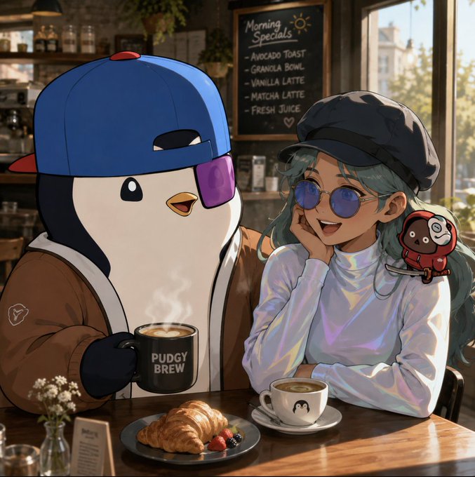 An anime-style illustration of a penguin character wearing a cap and purple sunglasses sitting with a teal-haired girl in a beret and glasses at a cafe, with a chalkboard menu listing morning specials like avocado toast and matcha latte.