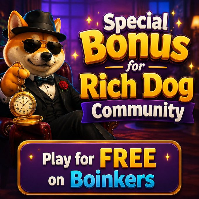 A stylish Shiba Inu in a suit, fedora, and sunglasses holds a gold pocket watch next to promotional text reading "Special Bonus for Rich Dog Community — Play for FREE on Boinkers," advertising a free bonus offer from BoinkersIO via the linked Telegram bot.