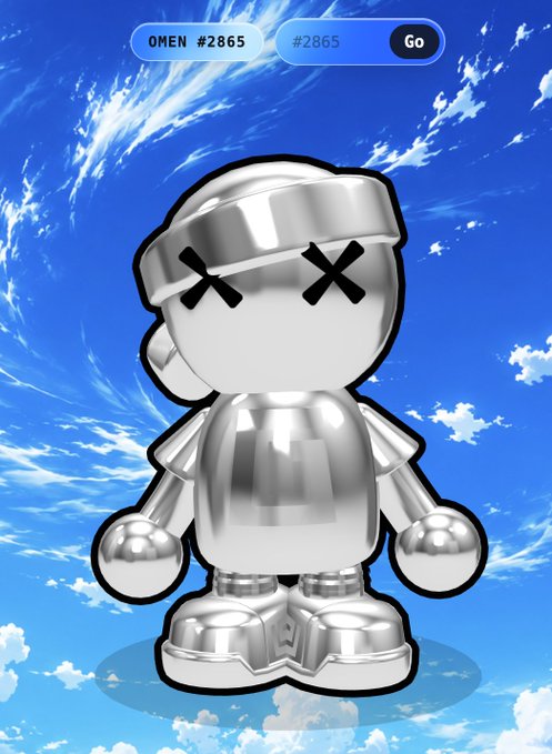 A chrome-finished cartoon character with "X" eyes and a bandana stands against a bright blue sky, displayed in a digital collectible interface labeled "OMEN #2865" with a "Go" button. The image represents a rare Omen collectible #2865 from the @TheGodPull digital collectible series, showcasing the user's successful pull.