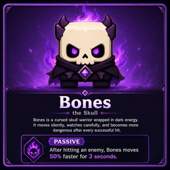 A video game character card featuring 'Bones the Skull' — a small white skull warrior with purple horns and a dark cloak against a purple flame background, with a passive ability stating 'After hitting an enemy, Bones moves 50% faster for 3 seconds.'