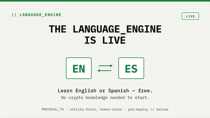 In this image, there's a screenshot of the text displayed at the top-left corner of the screen. The post suggests that learning English or Spanish through an engine can be fun and easy, without any prior knowledge required. It also mentions that the toolkit is available on protocol.seventythree.io for free, which might include vocabulary, audio lessons, and spaced repetition features to aid in learning practice mode. The text promotes a resourceful approach to language acquisition using an engine designed specifically to help users learn English or Spanish.