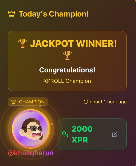 The image features a post about Jackpot winners, with an illustration of a person wearing sunglasses and a crown. The text on the post congratulates the winners and mentions that they have won 2000 XPR.