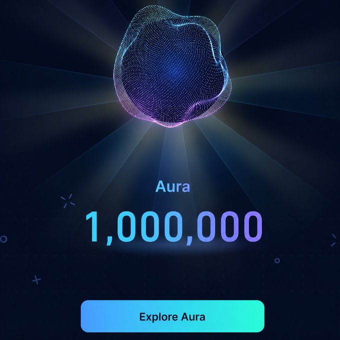 A digital artwork showing a glowing, abstract 3D form with 'Aura 1,000,000' text and an 'Explore Aura' button below it.