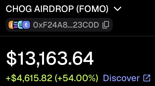 The image displays a CHOG airdrop (FOMO) wallet with a balance of $13,163.64, showing a daily gain of $4,615.82 (+54.00%). It relates to the post by showcasing the substantial profit already accumulated from claiming 30% of the $CHOG airdrop, with anticipation building for the remaining 70% still to be claimed.