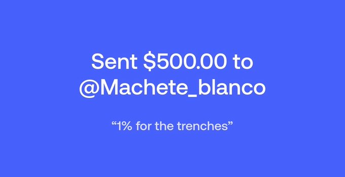 A bold blue graphic announces "Sent $500.00 to @Machete_blanco" with the caption "1% for the trenches" beneath it, representing the matching contribution from @fomo that, combined with @DNS_ERR's $1,000 gift, brought the total FOMO prize to $1.5K.