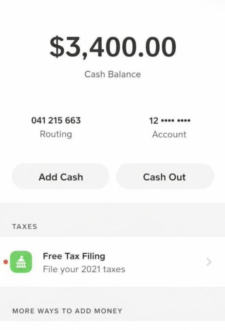 A digital wallet interface showing a $3,400.00 Cash Balance with options to Add Cash or Cash Out, alongside a 'Free Tax Filing' prompt for 2021 taxes.
