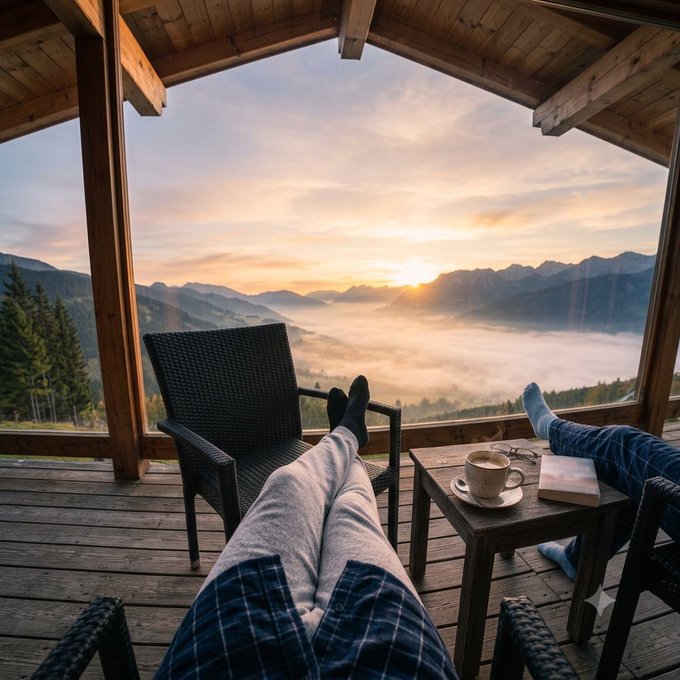 First-person perspective photo of two people relaxing on a wooden mountain balcony, legs up on chairs, watching a sunrise over a misty valley with coffee on the table.