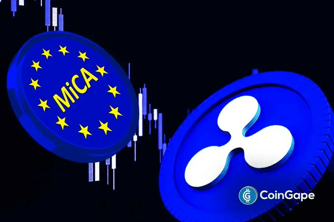 A digital illustration shows a blue EU MiCA coin alongside a blue Ripple (XRP) token against a dark candlestick chart background, with a CoinGape watermark, visually representing Ripple's newly obtained full MiCA license in Europe that enables regulated crypto services across all 30 EEA markets.