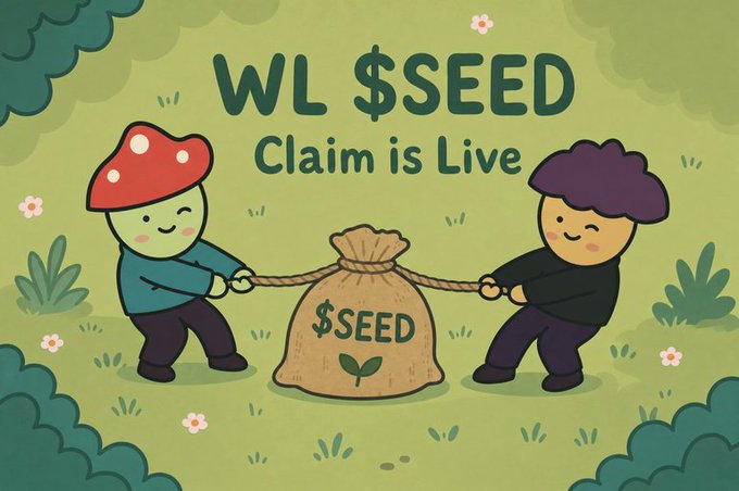 A colorful illustration shows two mushroom-like characters pulling a seed bag labeled “$SEED,” with the headline “WL $SEED Claim is Live.” It supports the post’s announcement that allowlisted users can claim 6,666 $SEED to mint their Spore Folk when the mint opens at 3 PM UTC.
