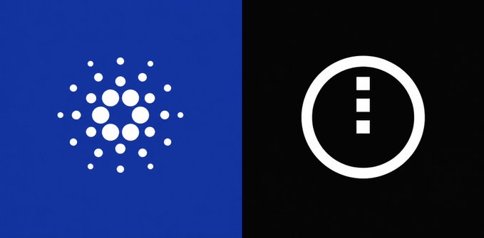 Two side-by-side logos: on the left, a blue square featuring the white dot-pattern logo of Cardano (ADA), and on the right, a black square with a white circle containing the Kraken cryptocurrency exchange logo.