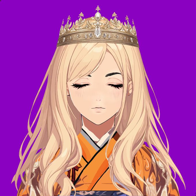 An anime-style illustration of a blonde woman wearing an ornate jeweled crown and an orange kimono, eyes closed against a purple background.