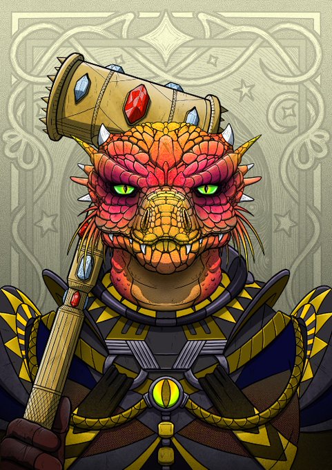 A detailed illustration of a red, reptilian humanoid warrior with green eyes, wearing ornate gold and blue armor and a jeweled golden hat, holding a staff.