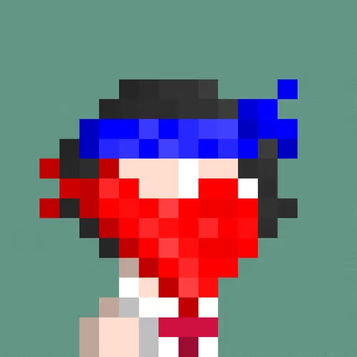 A highly pixelated digital artwork in profile showing a figure with a blue headband, a red face or mask, and white and red clothing against a solid teal background.