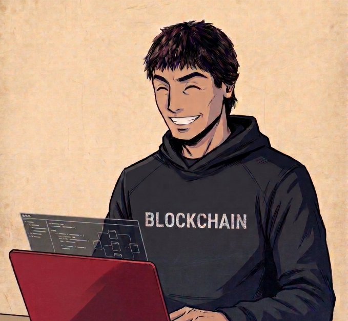 An illustrated cartoon-style image of a smiling young man wearing a black hoodie with "BLOCKCHAIN" text, working on a laptop displaying code.