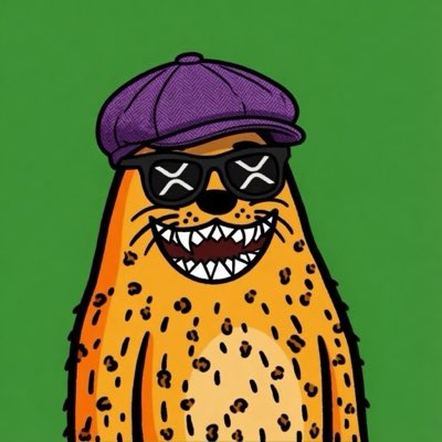 The image features an orange leopard-like creature with a purple hat, sunglasses, and glasses, standing against a green background. The creature appears to be smiling or laughing, giving off a playful vibe. There are no texts present in the image, but there is a caption that reads "#NewProfilePic Happy anniversary to the @SealXRP_CTO one year is a big milestone #Hbar community together we ride".