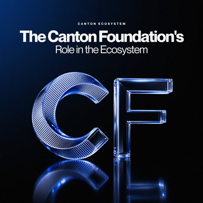 The image features a dark background with the text "CANTON ECOSYSTEM" at the top, followed by "The Canton Foundation's Role in the Ecosystem" as the headline, and a large stylized 3D rendering of the letters "CF" below. This visual ties directly to the post about the Canton Foundation's role, where "CF" likely stands for "Canton Foundation," representing its governance and oversight of the Canton Network.