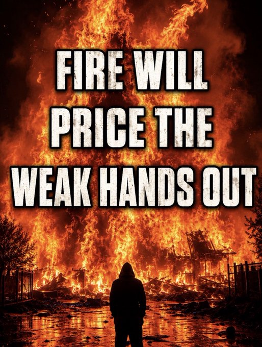 A meme image with dramatic fire in the background showing a silhouetted figure standing before a burning building, with bold text reading 'FIRE WILL PRICE THE WEAK HANDS OUT.'