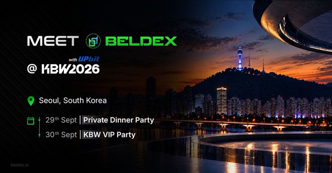 A promotional graphic for 'MEET BELDEX with UPbit @ KBW2026' in Seoul, South Korea, featuring a nighttime cityscape with N Seoul Tower, advertising events on 29th Sept (Private Dinner Party) and 30th Sept (KBW VIP Party).