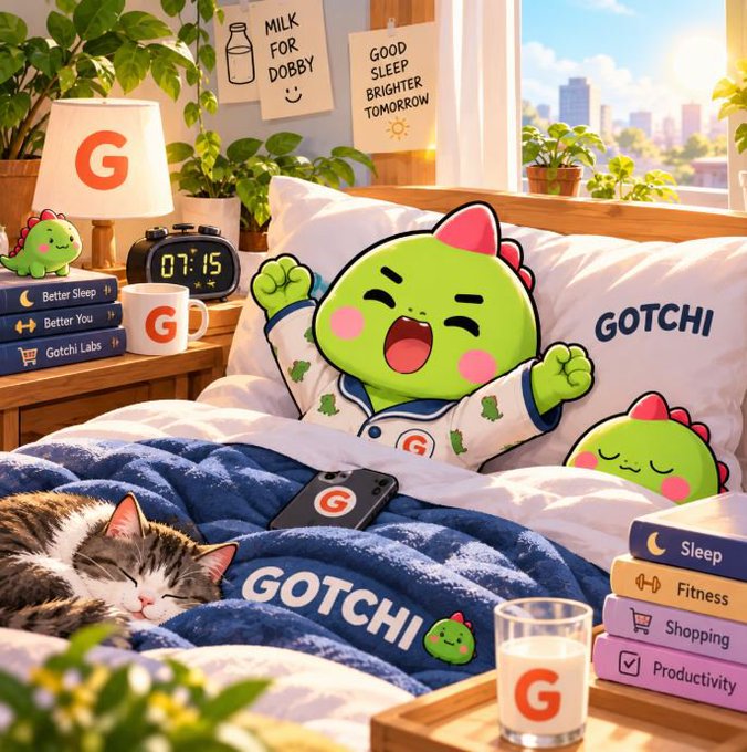 An AI-generated illustration shows a green cartoon dinosaur character named 'GOTCHI' sleeping in a bed with 'GOTCHI' branded pillows, surrounded by 'G' logos, a digital clock reading '07:15', and books labeled 'Sleep', 'Fitness', 'Shopping', and 'Productivity'.
