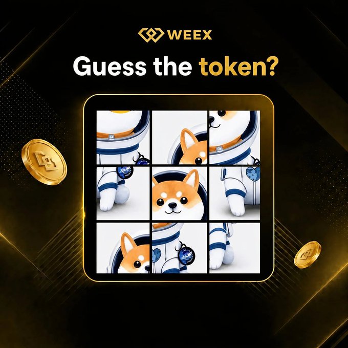 The image features a square puzzle with four pieces, each containing an illustration of a dog wearing a spacesuit. The puzzle has a black background with gold accents, making it stand out against the rest of the image. Below the puzzle, there is text that reads "Guess the token?". This suggests that the image could be related to a guessing game or a challenge involving the token.
