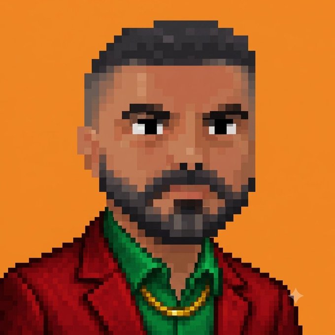 A pixel art portrait of a bearded man wearing a red jacket over a green shirt with a gold chain, set against an orange background.