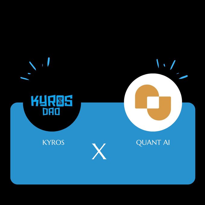 A promotional graphic showing the KYROS DAO logo alongside a QUANT AI logo, separated by an 'X' on a blue and black background.
