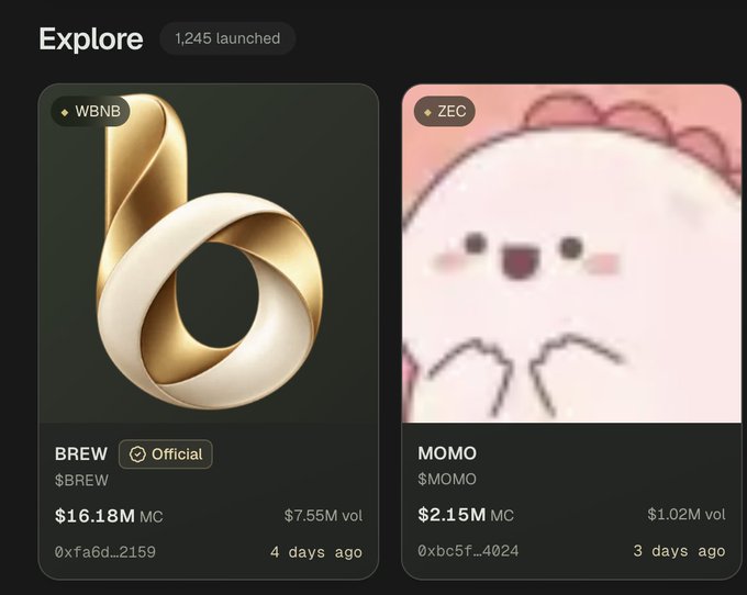 A cryptocurrency trading interface showing an 'Explore' section with 1,245 launched tokens, featuring WBNB (BREW) at $16.18M market cap and ZEC (MOMO) at $2.15M market cap with a cute pink character illustration.