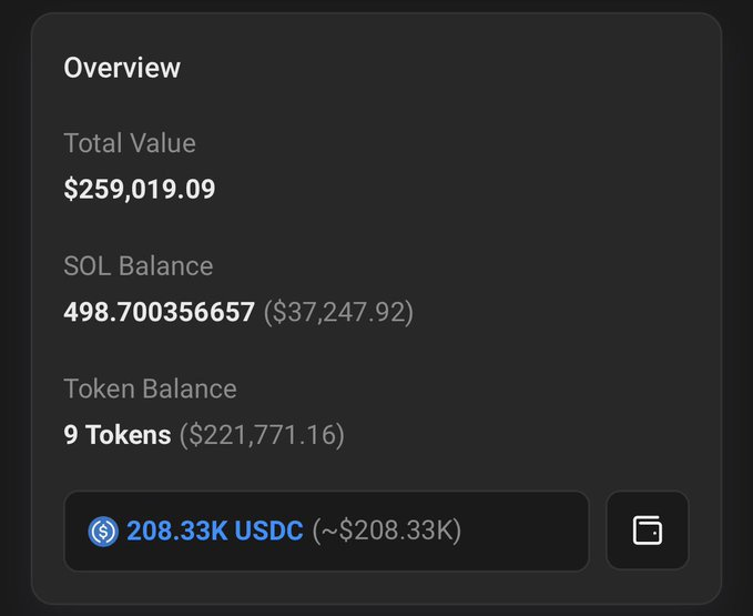 The image displays a crypto wallet overview with a total value of $259,019.09, including 498.700356657 SOL ($37,247.92) and 9 Tokens ($221,771.16), with 208.33K USDC (~$208.33K) highlighted separately. This suggests the user is showcasing their substantial crypto holdings while waiting on MoonPay, implying the transaction or service from MoonPay is worth the wait given the significant portfolio value.