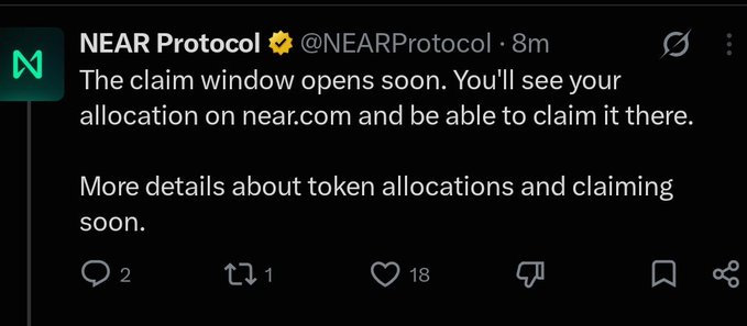A tweet from NEAR Protocol (@NEARProtocol) states, 'The claim window opens soon. You'll see your allocation on near.com and be able to claim it there.'