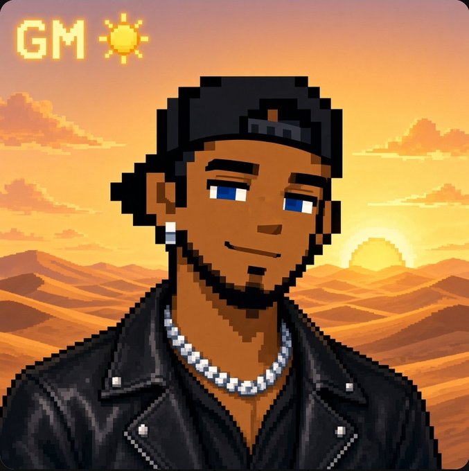 A pixel art profile picture of a dark-skinned man with a beard and backward cap, wearing a leather jacket and silver chain, set against a desert sunset. The text 'GM ☀️' is in the top left corner.