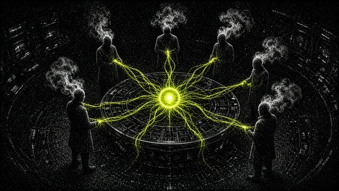 A dark, mystical illustration of seven hooded figures standing in a circle around a glowing green orb, with energy tendrils connecting them and smoke emanating from their heads.