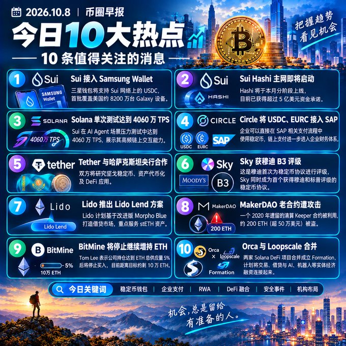 A Chinese-language crypto market infographic titled '今日10大热点' (Today's Top 10 Hotspots) dated 2026.10.8, featuring news about Sui joining Samsung Wallet, Solana hitting 40.6 million TPS, Tether's partnership with Kazakhstan, and other crypto headlines.