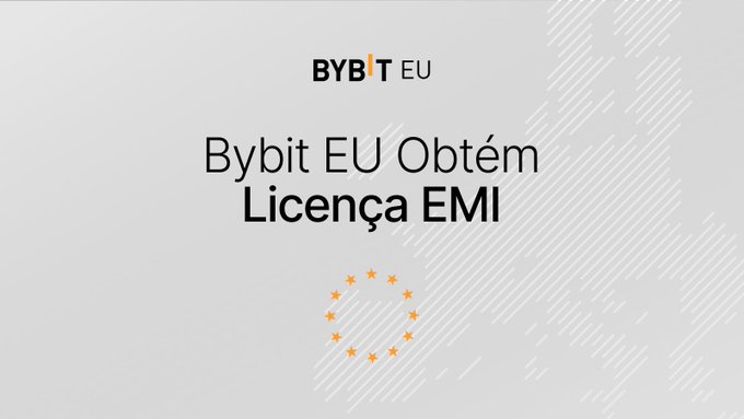 A promotional graphic for 'BYBIT EU' announcing 'Bybit EU Obtém Licença EMI' with the EU stars logo on a light gray background.