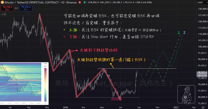 A Bitcoin (BTC) perpetual contract chart on the 1-day Binance timeframe shows price around $79,318, with a red downtrend channel labeled "大级别下跌趋势结构" (large-scale downtrend structure) and a key resistance level at 83K marked as "大级别趋势转换的第一道门槛" (first threshold for trend reversal), accompanied by Chinese annotations about potential breakout scenarios and references to a "Stop Hunt" strategy.