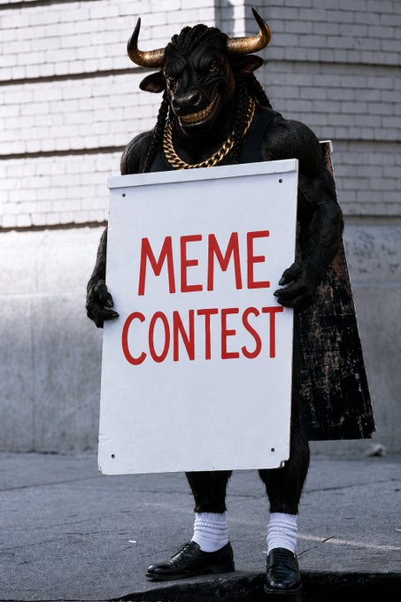 A person in a black minotaur costume with gold horns and chains stands on a sidewalk holding a white sandwich board sign that reads 'MEME CONTEST' in red letters.