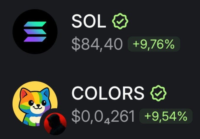 A dark-themed cryptocurrency price display showing 'SOL' at $84.40 (+9.76%) and 'COLORS' at $0.0₄261 (+9.54%), both with verified checkmarks.