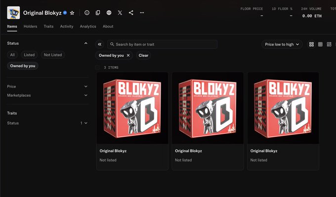 Screenshot of an NFT marketplace profile for 'Original Blokyz' showing three 'Not listed' collectible items with red box art and a floor price of 0.00 ETH.