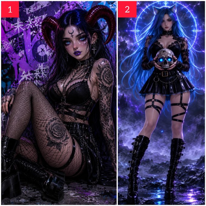 A side-by-side comparison of two AI-generated gothic anime-style images: one featuring a dark-haired woman with red horns in black lingerie, and the other showing a blue-haired woman in a gothic outfit holding a glowing skull.