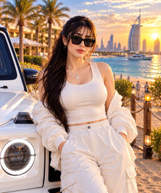 A young woman in a white tank top, white jacket, and white cargo pants leans against a white SUV at a beachfront with the Burj Al Arab visible at sunset.