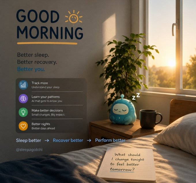 Good Morning promotional graphic for @sleepagotchi featuring a sleeping blue mascot, sunrise bedroom scene, and text about better sleep, recovery, and tracking patterns.
