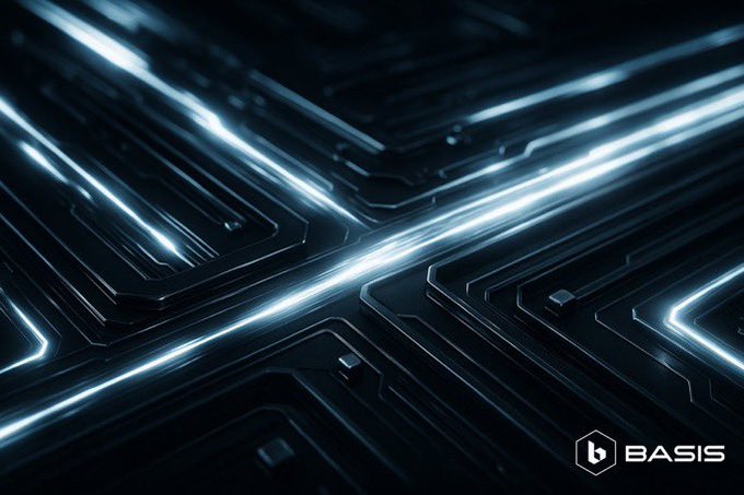 Futuristic dark abstract digital artwork featuring glowing cyan light lines forming a circuit-like pattern with metallic geometric shapes, branded with the 'BASIS' logo in the bottom right corner.