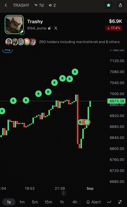 A cryptocurrency chart for "TRASHY" (6lb4...pump) shows a price of $6.9K, down 17.4%, with a market indicator noting "250 holders including martinshkreli." The candlestick graph displays recent volatility with prices ranging from around $6,600 to $7,120, illustrating the volatile trading activity of the cat-themed memecoin mentioned in the accompanying post.