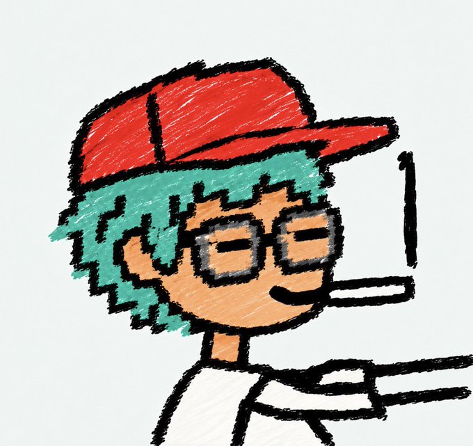 A hand-drawn, sketch-style illustration depicts a stylized character with teal hair wearing a red cap and dark rectangular sunglasses, with a cigarette or vape stick in their mouth, against a plain light background. The image appears to be a personal avatar or profile-style drawing that, according to the accompanying post, relates to a lighthearted comment about former and current US Presidents now being on the blockchain, jokingly wishing followers a happy "Tacos Tuesday."