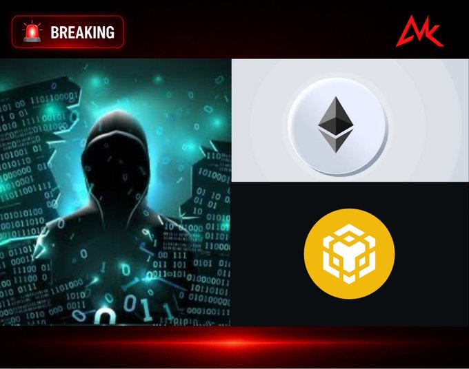 A breaking news graphic displays a hooded hacker surrounded by binary code alongside logos for Ethereum and Binance, with a 'BREAKING' alert and an 'MK' logo.