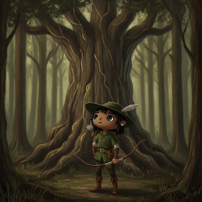 A digital illustration of a chibi-style archer in a green tunic and feathered hat holding a bow, standing in a misty forest in front of a massive glowing tree.