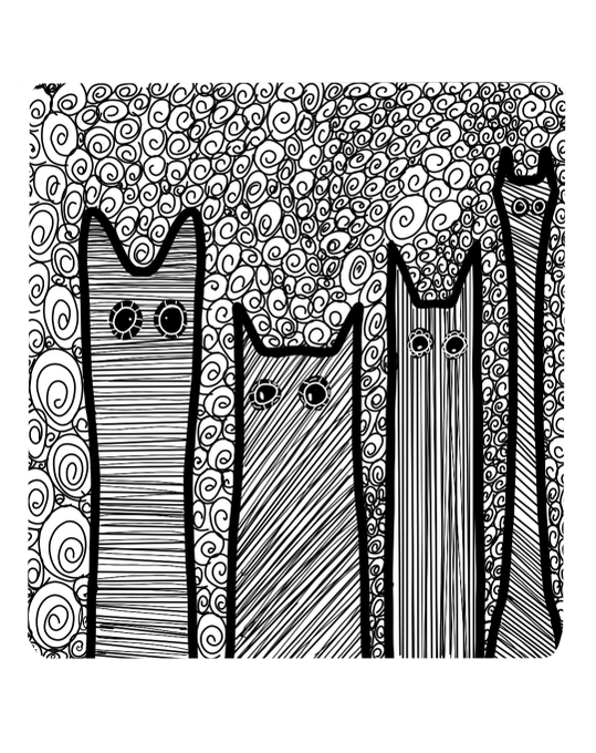 A black and white ink drawing of three whimsical, elongated cat-like figures with eyes, filled with swirly, striped, and dotted patterns.