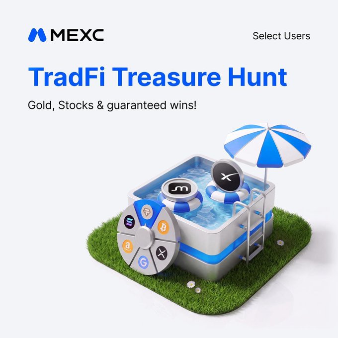 The MEXC promotional image for the "TradFi Treasure Hunt" features a 3D illustration of a pool with floating crypto coins (MX, X) and a prize wheel displaying TradFi assets, all on a grassy patch under a blue and white umbrella, highlighting prizes up to Gold, RealStocks, and 4,500 USDT for users who complete tasks and boost their TradFi trading volume.