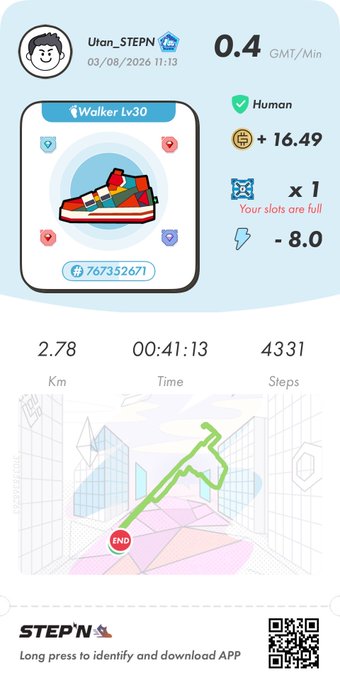 STEPN fitness app screenshot showing user 'Utan_STEPN' with a Walker Lv30 sneaker, earning 0.4 GMT/Min, with activity stats of 2.78 Km, 00:41:13 time, and 4331 steps.