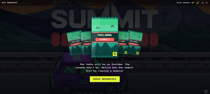 A pixel-art game screen titled 'SOLANA SUMMIT' shows a dark scene with a van, mountains, and a yellow 'OPEN MEMORIES' button along with text: 'The skies will be on Holiday. The people won't be. Relive how the summit felt by ripping a memory!'